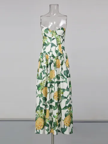 Robe Maxi Longue Sans Bretelles Imprimé Ananas Style Resort Français Femme Été Sans Manches Taille Haute