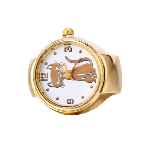 Fashion Creative Alloy Ring Watch Retro Cat Heart Camellia Flower Print Quartz Pointer Finger Watch Gold Plated Jewelry Gift