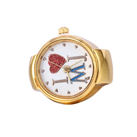 Fashion Creative Alloy Ring Watch Retro Cat Heart Camellia Flower Print Quartz Pointer Finger Watch Gold Plated Jewelry Gift