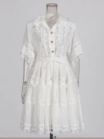 Womens Retro Sweet Lace Embroidered Short Sleeve Shirt And Tiered Skirt Set Elegant Casual Summer Outfit