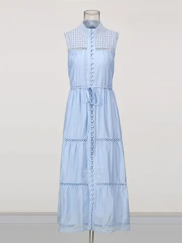 Damen Resort Stil Einfarbig Ärmellos Stehkragen Ausgehöhlt Kordelzug Maxikleid Baumwollmischung Langer Strandkleid