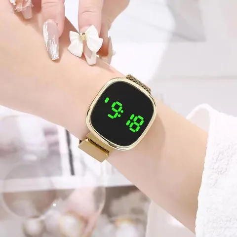 LED Digital Watch For Men Women Students Fashion Sport Electronic Watch With Round Magnetic Milanese Mesh Band Wristwatch