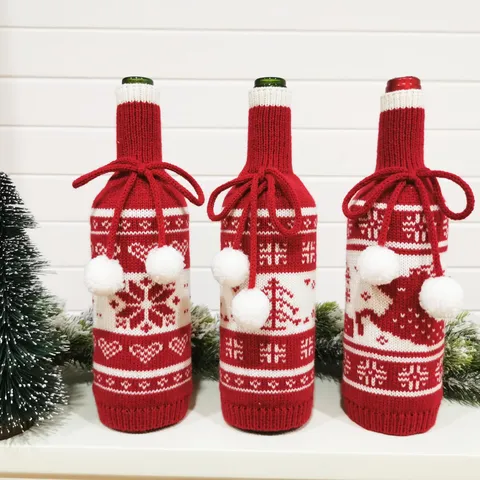 Festliche Weihnachten Gestrickte Weinflaschenhülle Rentier Schneeflocke Weihnachtsbaum Muster Weinflaschendekoration Pompon Kordelzug Party Deko