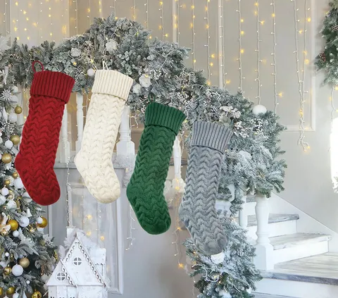 Christmas Stocking Knitted Wave Pattern Xmas Holiday Gift Bag Home Decor Fireplace Hanging Ornament Festive Party Supply