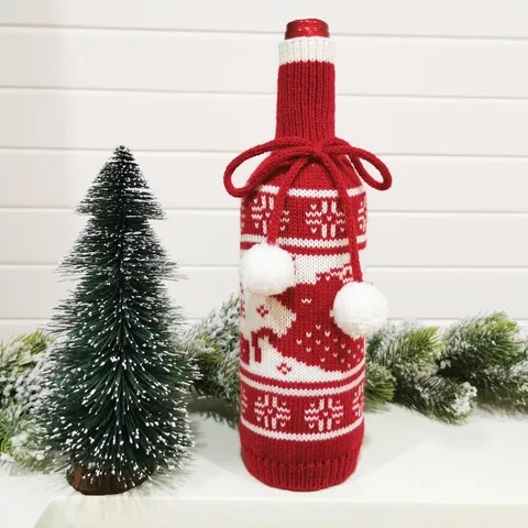 Festliche Weihnachten Gestrickte Weinflaschenhülle Rentier Schneeflocke Weihnachtsbaum Muster Weinflaschendekoration Pompon Kordelzug Party Deko