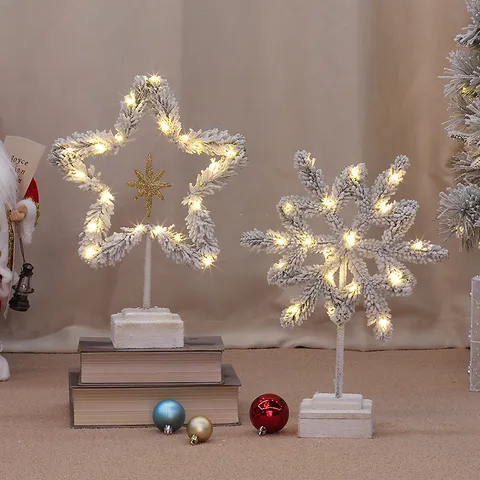 Weihnachten Beflocktes PE Leuchtendes Tischornament Schneeflocke Stern LED Baum Dekoration Mit Holzsockel Feiertag Schaufenster Deko