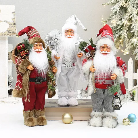Tradicional Papá Noel Muñeca de Pie Adorno Tela Plástico Decoración de Navidad Mochila Linterna Botas Figurita Navideña Mesa Escritorio