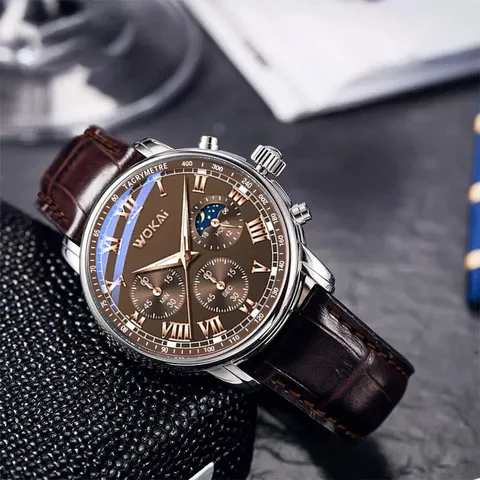 Wokai Herren Business Quarz Uhr Römische Ziffern Analog Multi-Zifferblatt PU Lederarmband Legierung Gehäuse Lässig Sportuhr