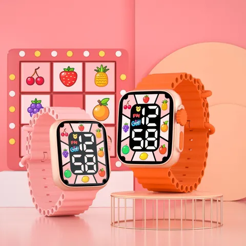Orologio Digitale per Bambini Carino Cartone Animato Frutta Quadrato Orologio da Polso Luminoso Multifunzionale Elettronico Sportivo per Studenti