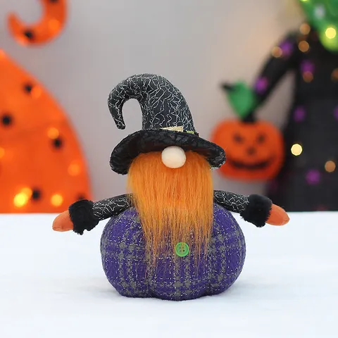 Halloween Gnome Pumpkin Figurine Fabric Wizard Hat Long Beard Plush Dwarf Table Decoration PP Cotton Filled Ornament
