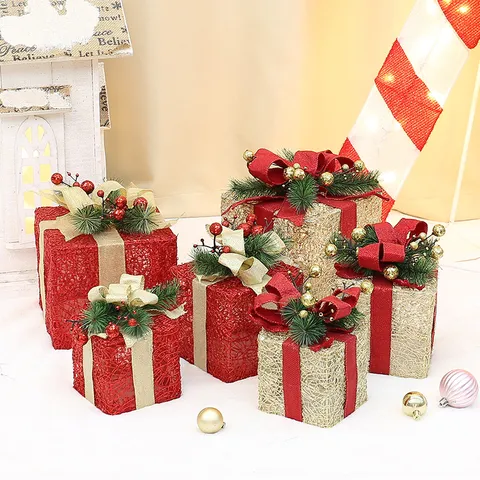 Christmas Glowing Gift Box Ornaments Iron Fabric Hollow Mesh LED Luminous Present Box Set For Christmas Party Window Display Home Decor