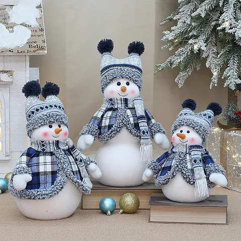 Mediterranean Blue Christmas Snowman Doll Plaid Knitting Fabric Foam Ornament For Desktop Showcase Winter Holiday Home Decor Gift
