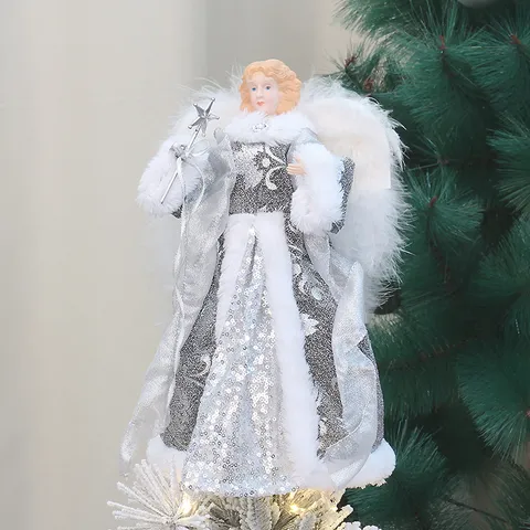 30cm Christmas Angel Tree Topper Plush Wings Sequin Gown Resin Figurine Christmas Tree Ornament Festival Party Home Decor