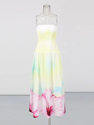 Mujeres Estilo Vacacional Degradado Bloque de Color Floral Estampado Sin Tirantes Entallado Slim Fit Vestido Midi Moda de Verano