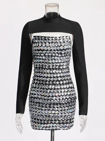 Women Sexy Rhinestone Bodycon Dress Set Long Sleeve Shawl Tube Mini Dress Two Piece Outfit Clubwear Party