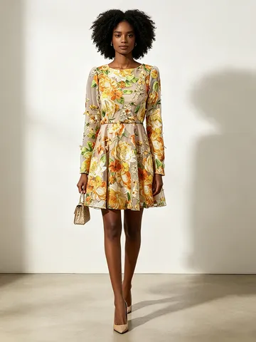 Vestido Corto de Malla Floral Bordado Estilo Campestre Dulce para Mujer Manga Larga Talle Alto Línea A Moda de Verano
