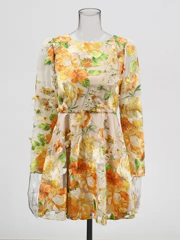 Vestido Corto de Malla Floral Bordado Estilo Campestre Dulce para Mujer Manga Larga Talle Alto Línea A Moda de Verano