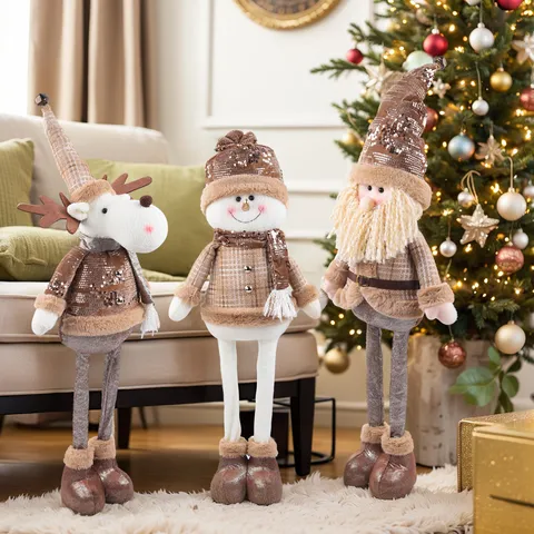 Weihnachten Lange Beine Ausziehbare Puppe Weihnachtsmann Schneemann Elch Plüsch Tischschmuck Pailletten Karierter Stoff Fest Haus Zimmer Deko Figur Geschenk