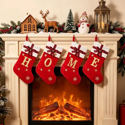 Large Flannel Christmas Stocking With Gold Glitter Alphabet Letter Red Plaid Bow Snowflake Pattern Holiday Hanging Gift Bag