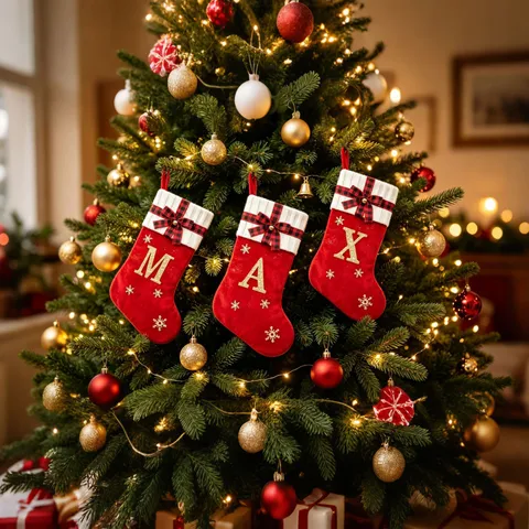 Large Flannel Christmas Stocking With Gold Glitter Alphabet Letter Red Plaid Bow Snowflake Pattern Holiday Hanging Gift Bag