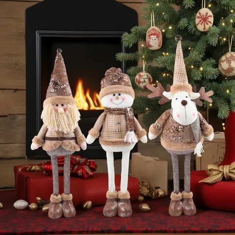 Weihnachten Lange Beine Ausziehbare Puppe Weihnachtsmann Schneemann Elch Plüsch Tischschmuck Pailletten Karierter Stoff Fest Haus Zimmer Deko Figur Geschenk