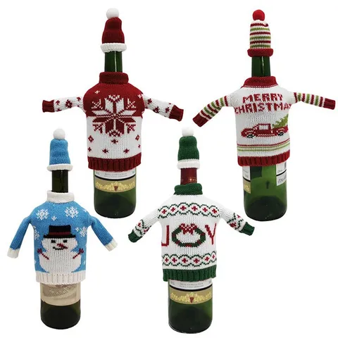 Christmas Knit Wine Bottle Cover Cute Clothes Hat Design Snowflake Snowman Holiday Party Decor Table Dinner Ornaments Festival Gift