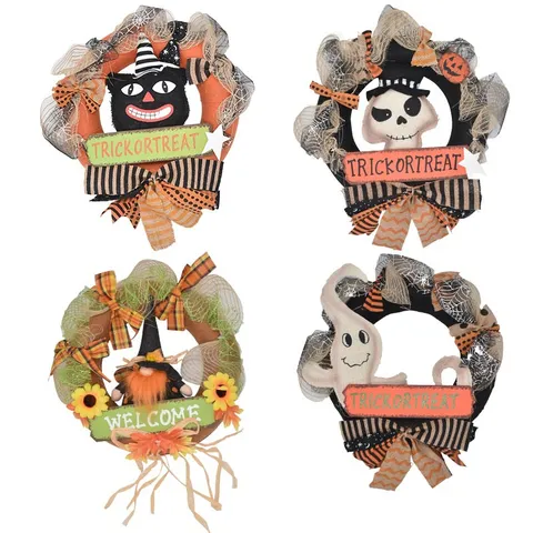 Halloween Wreath Decoration Fabric Mesh Ghost Skull Black Cat Wreath Hanging Ornament For Festive Party Home Front Door Wall Decor