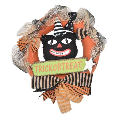 Halloween Wreath Decoration Fabric Mesh Ghost Skull Black Cat Wreath Hanging Ornament For Festive Party Home Front Door Wall Decor