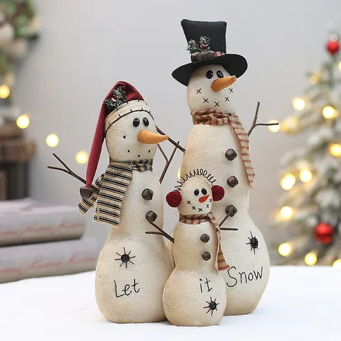 Set di Figurine Trio Famiglia di Pupazzi di Neve in Lino Ornamento Pupazzo di Neve Ricamato a Macchina Decorazioni Natalizie Casa