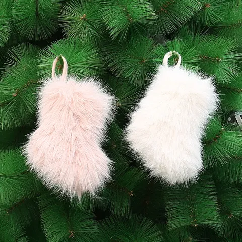 Christmas Stocking Faux Fur Long Plush Xmas Tree Hanging Ornament Gift Candy Bag For Holiday Home Decoration Pink White