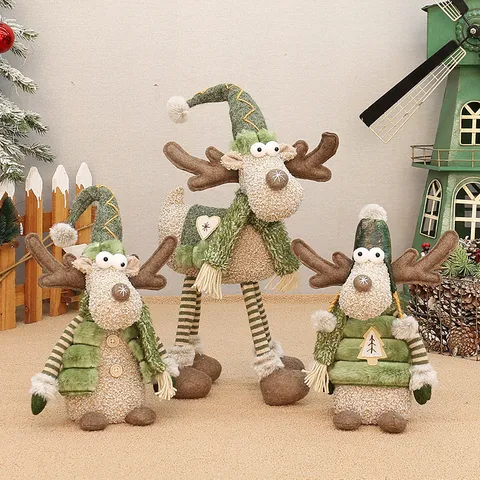 Green Fabric Long Snout Elk Doll Christmas Ornaments Tabletop Standing Reindeer Plush Toy Festive Window Display Layout Home Decor Holiday Holiday Decor Accents Gifts