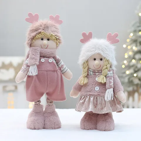Bambola di Pezza Natalizia in Peluche Lungo Rosa Ornamento da Scrivania Simpatico Cappello con Corna Sciarpa a Maglia Regalo Decorazione