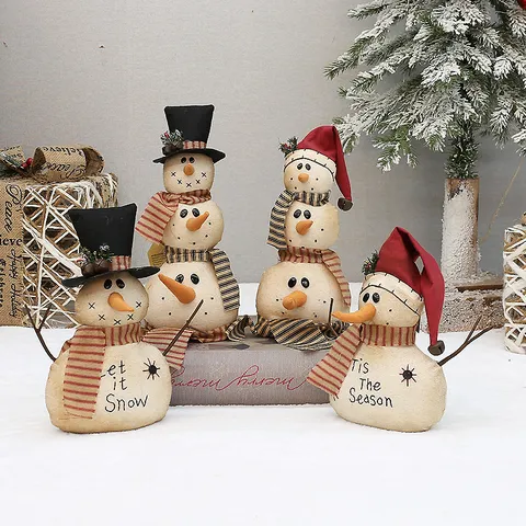 Statuina di Pupazzo di Neve Natalizio in Iuta Vintage Ricamo Let It Snow Tis The Season Ornamento da Scrivania Decorazione Casa