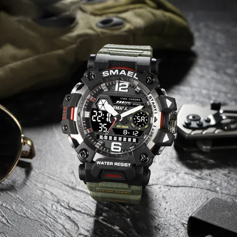Herren Taktische Militärische Sportuhr Leuchtende Dual-Anzeige Wasserdicht Harz Gehäuse PU Armband Chronograph Armbanduhr Für Studenten Outdoor Teen Boy Lässige Quarz Digitaluhr