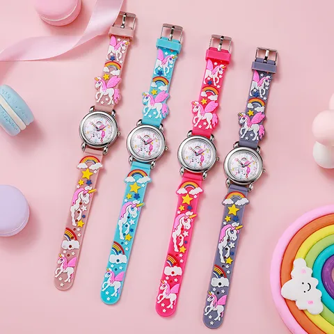 Simpatico Orologio al Quarzo da Bambini Cartone Animato Rilievo 3D Modello Unicorno Farfalla Cinturino in PVC Quadrante Rotondo Orologio per Studenti