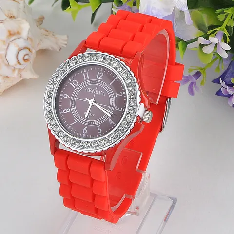 Mode Genf Silikon Uhr Strass Lünette Lässig Quarzwerk Rund Zeiger Anzeige Armbanduhr Geschenk Für Damen Studenten