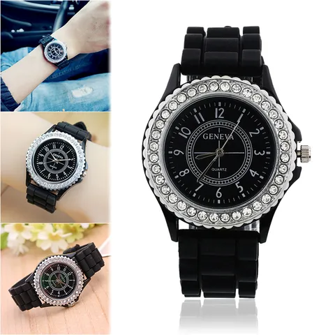 Mode Genf Silikon Uhr Strass Lünette Lässig Quarzwerk Rund Zeiger Anzeige Armbanduhr Geschenk Für Damen Studenten