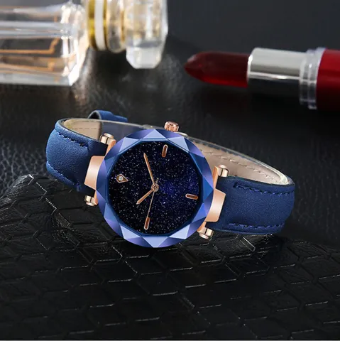 Elegante Sternenhimmel Damenuhr Quarz Strass Roségold Gehäuse Lederarmband Lässige Mode Armbanduhr Chic Zeitmesser