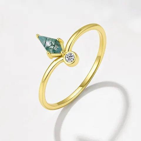 S925 Sterling Silver Natural Moss Agate Crown Ring For Women Gold Plated Kite Shaped Gemstone Light Luxury Stackable Finger Ring