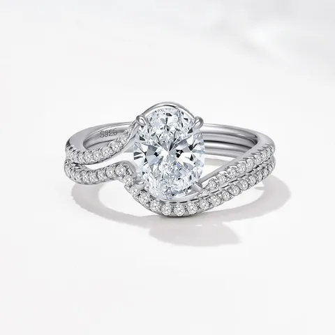 S925 Argent Sterling Moissanite Ensemble de Bagues D Couleur Coupe Ovale Pierre Engagement Mariage Bagues Avec GRA Femme
