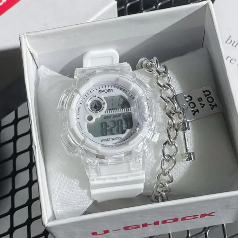 Damen Sport Digitaluhr Gletscherweiß Transparent Schüler Armbanduhr Passendes Armband Geschenkset Leuchtende Chronographenuhr