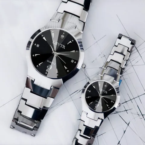 Mode Legierung Metall Quarzuhr für Paar Leuchtanzeige Kalenderanzeige Strass Eingelegt Business Runde Armbanduhr