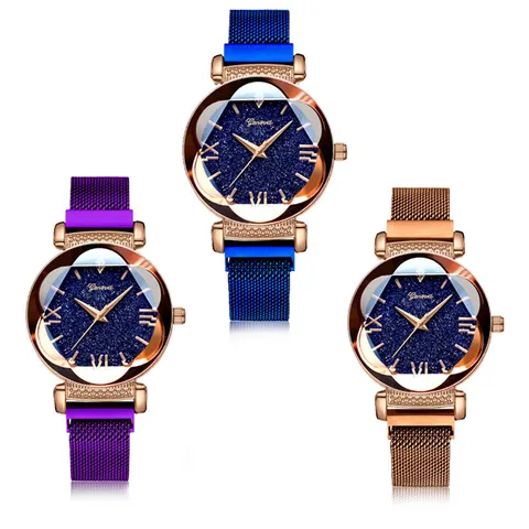 Women's Starry Sky Quartz Watch Rose Gold Milanese Magnetic Mesh Band Simple Elegant Rhinestone Dial Wristwatch Accessories