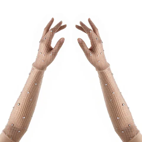 Women Sexy Fishnet Long Gloves Rhinestone Mesh Party Nightclub Gloves Fashion Accessories