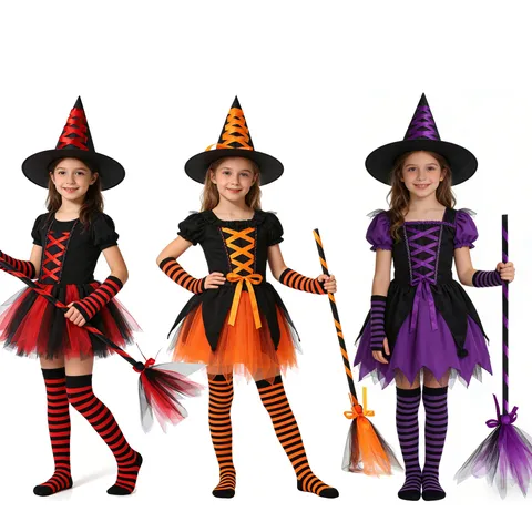 Halloween Witch Hat Broom Striped Thigh High Stockings Fishnet Gloves Party Cosplay Costume Accessories