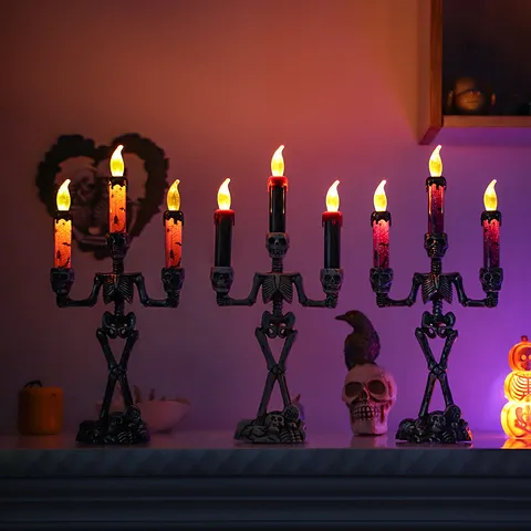 Halloween Skeleton Candlestick Lamp Skull Ornament LED Electronic Candle Light Horror Party Festival Decoration Props