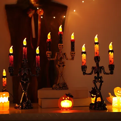 Halloween Skeleton Candlestick Lamp Skull Ornament LED Electronic Candle Light Horror Party Festival Decoration Props