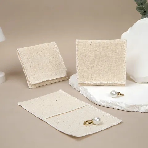 Pochette de Rangement pour Bijoux en Coton Minimaliste à Rabat Sac en Tissu Beige pour Bagues Boucles d'Oreilles