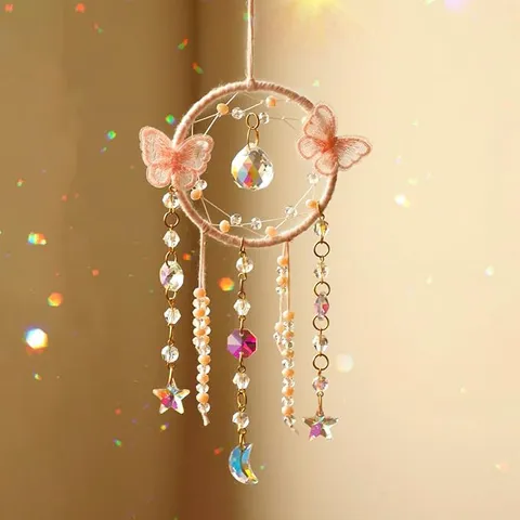 Crystal Butterfly Dreamcatcher Sun Catcher Indoor Wall Hanging Ornament INS Style Rainbow Maker Handmade Window Decor Gift