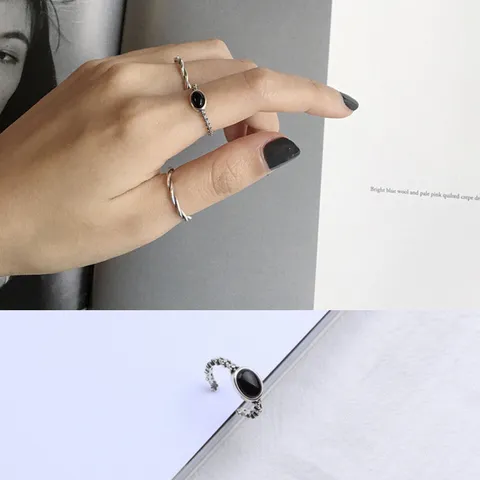 S925 Sterling Silver Retro Black Onyx Oval Open Ring For Women Vintage Thai Silver Adjustable Finger Ring Jewelry